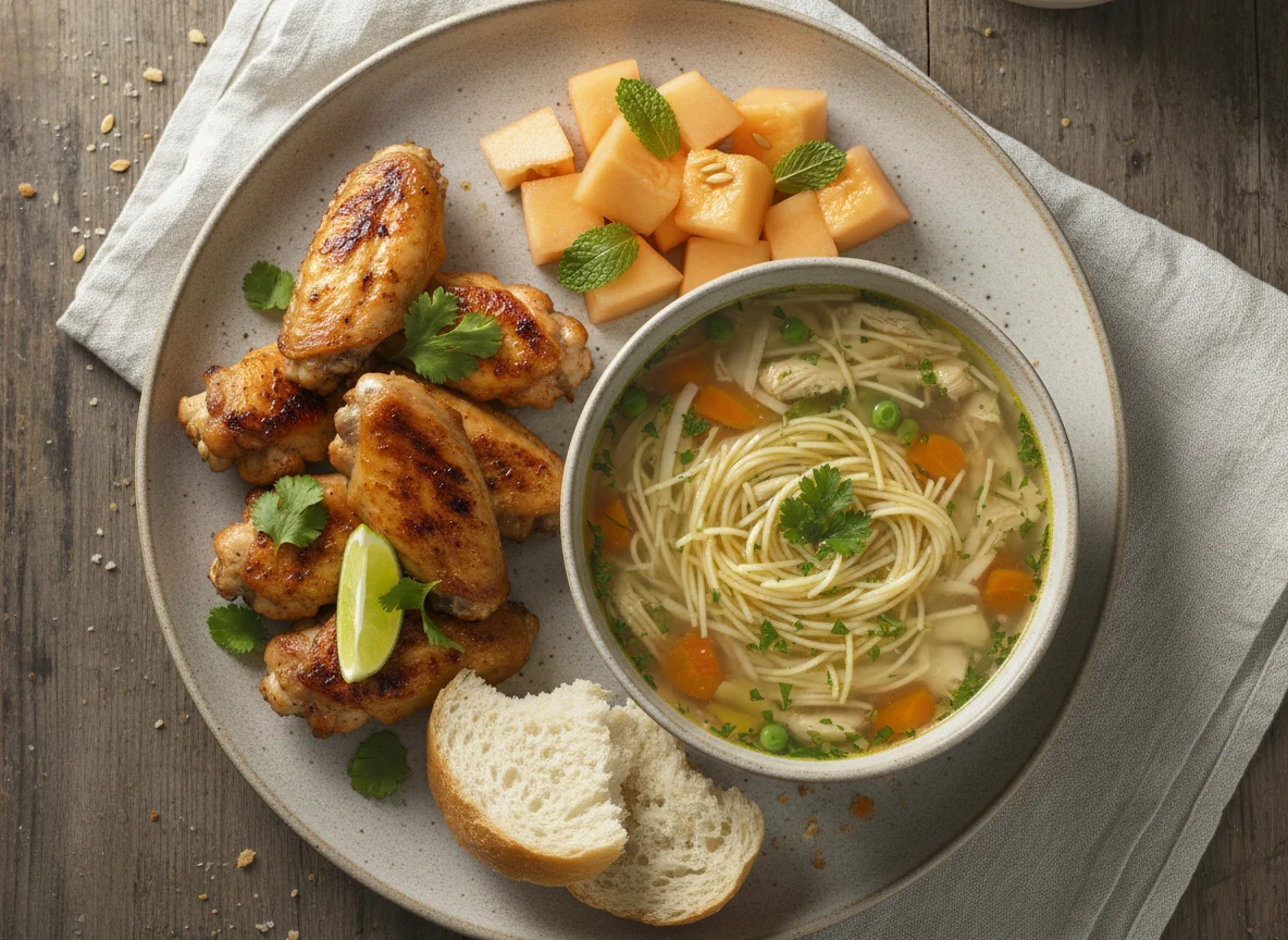 Comida casera con pollo, sopa, pan y melón photo
