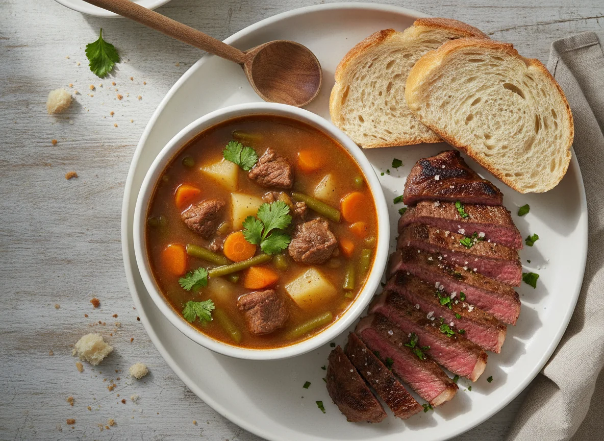 Comida casera con sopa, carne y pan photo