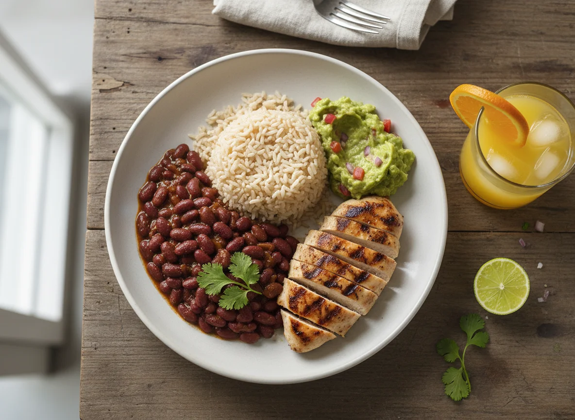 Comida con arroz, frijoles, pollo, guacamole y jugo de naranja photo