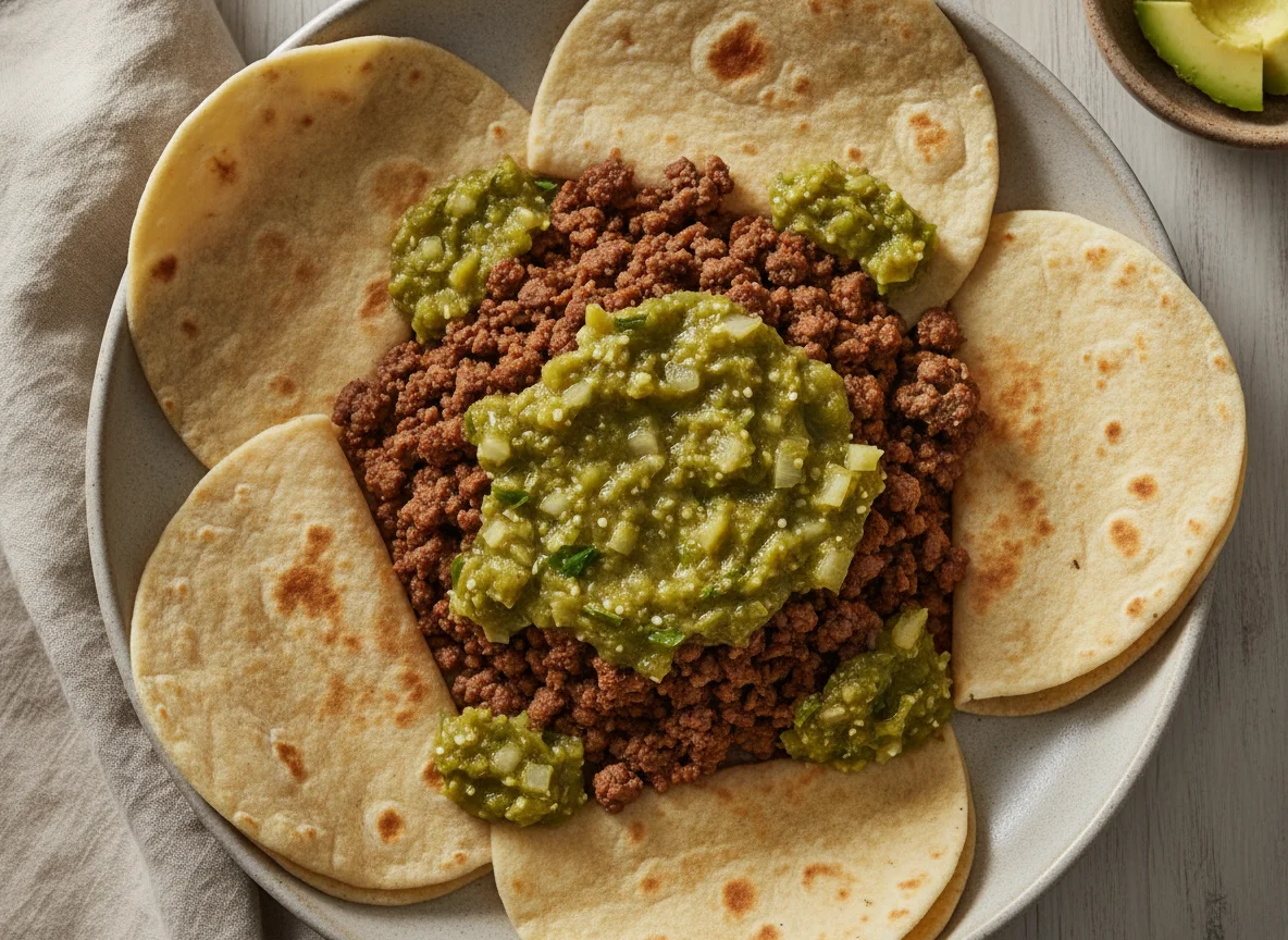 Comida con carne molida, salsa y tortillas photo