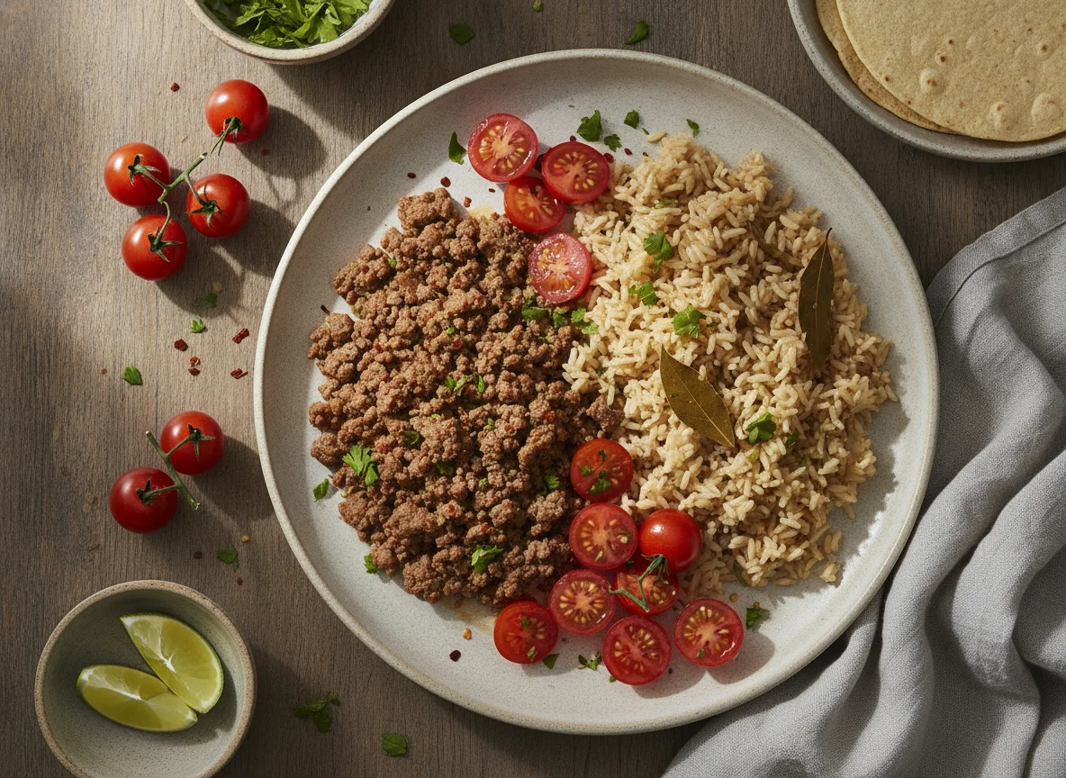 Comida con carne picada, arroz integral y tomates cherry photo