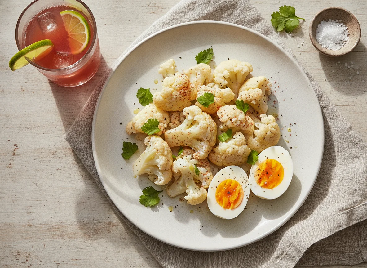 Comida con coliflor, huevos cocidos y bebida photo