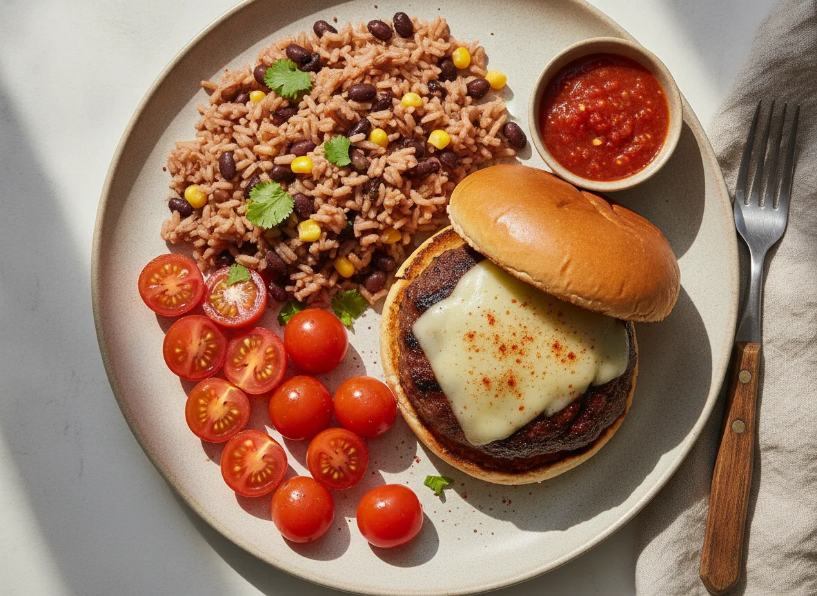 Comida con hamburguesa, tomates cherry y arroz photo