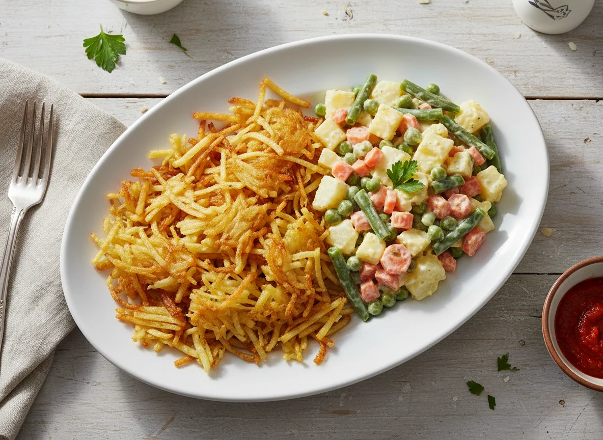 Comida con patatas fritas y ensaladilla de verduras photo