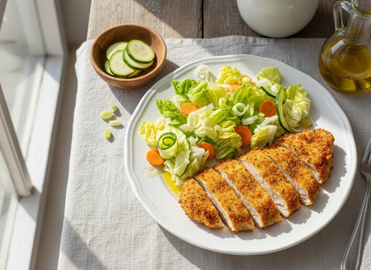 Comida con pechuga de pollo empanada y ensalada photo