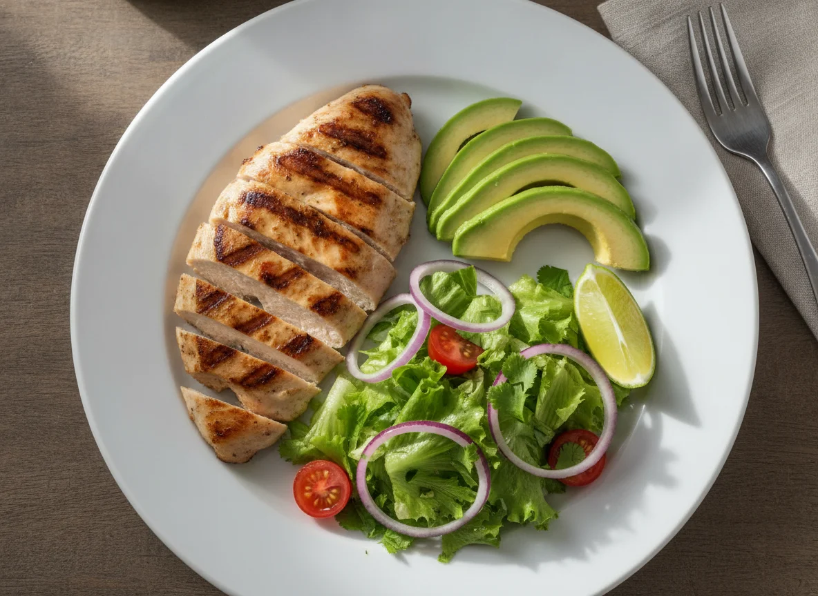 Comida con pollo a la plancha, aguacate y ensalada photo
