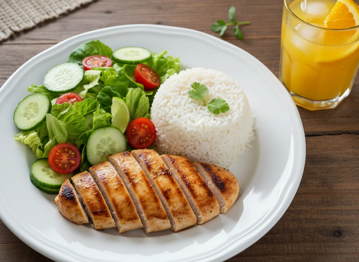 Comida con pollo, arroz, ensalada y jugo de naranja photo