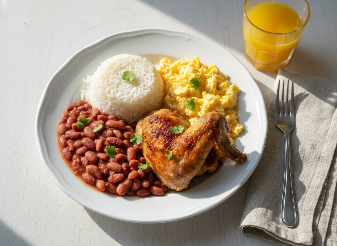 Comida con pollo, arroz, frijoles y huevos revueltos photo
