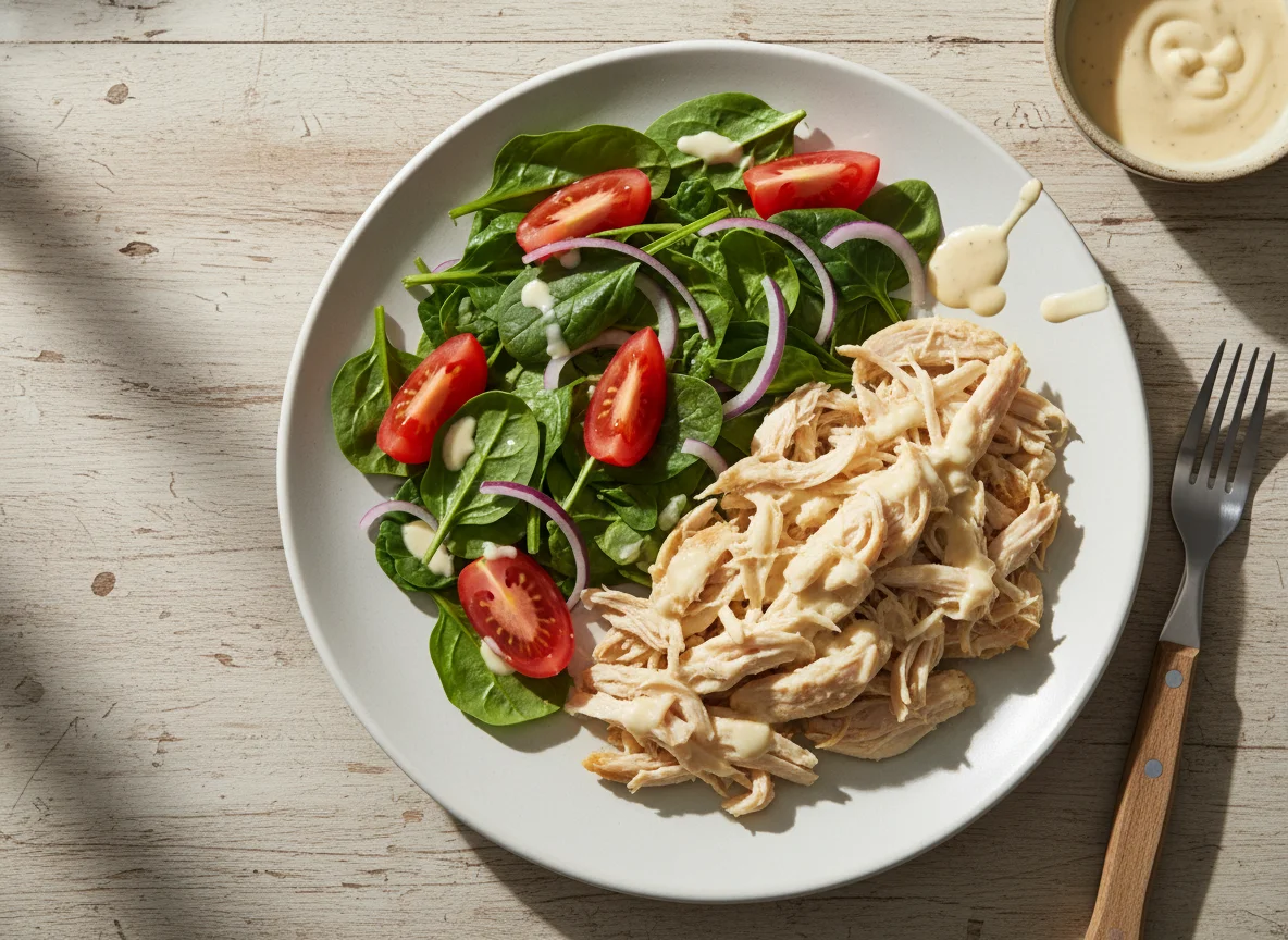 Comida con pollo desmenuzado y ensalada photo