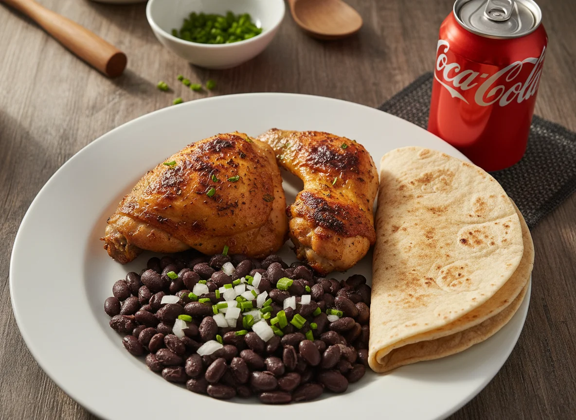 Comida con pollo, frijoles y refresco photo
