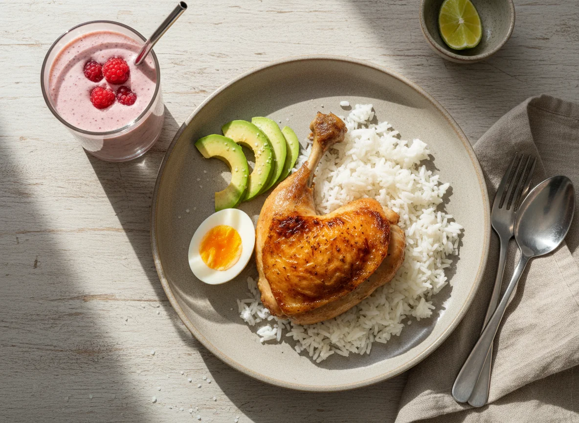 Comida con pollo, huevos, aguacate, arroz y batido photo