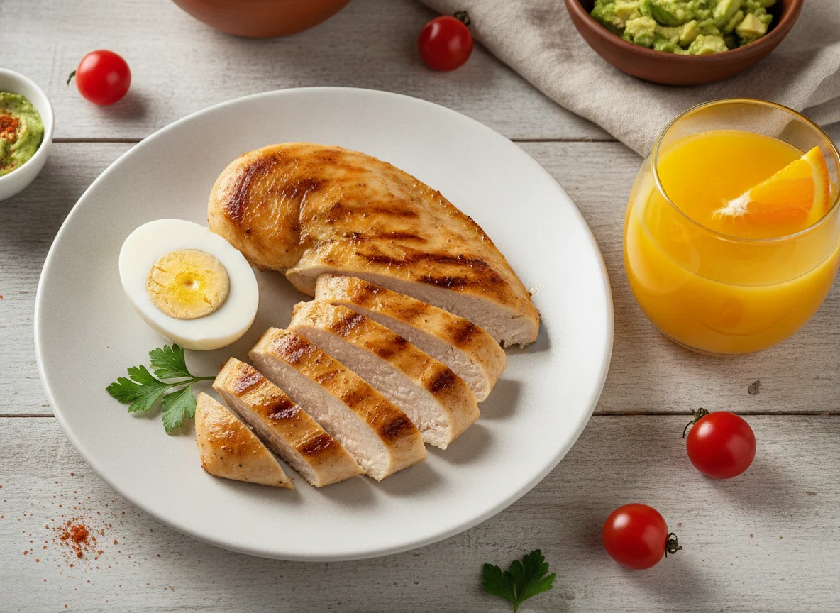 Comida con pollo, huevos y zumo de naranja photo