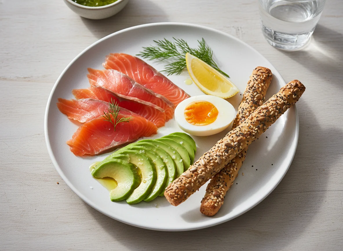 Comida con salmón, aguacate, huevos y pan photo