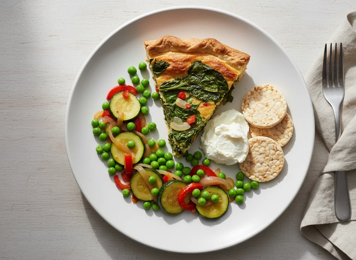Comida con tarta, vegetales y galletas de arroz photo