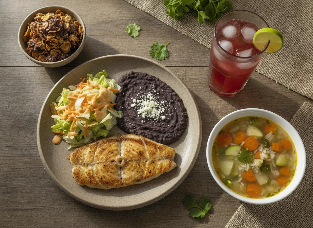 Comida corrida con pescado, sopa de verduras y enjambre de chocolate photo