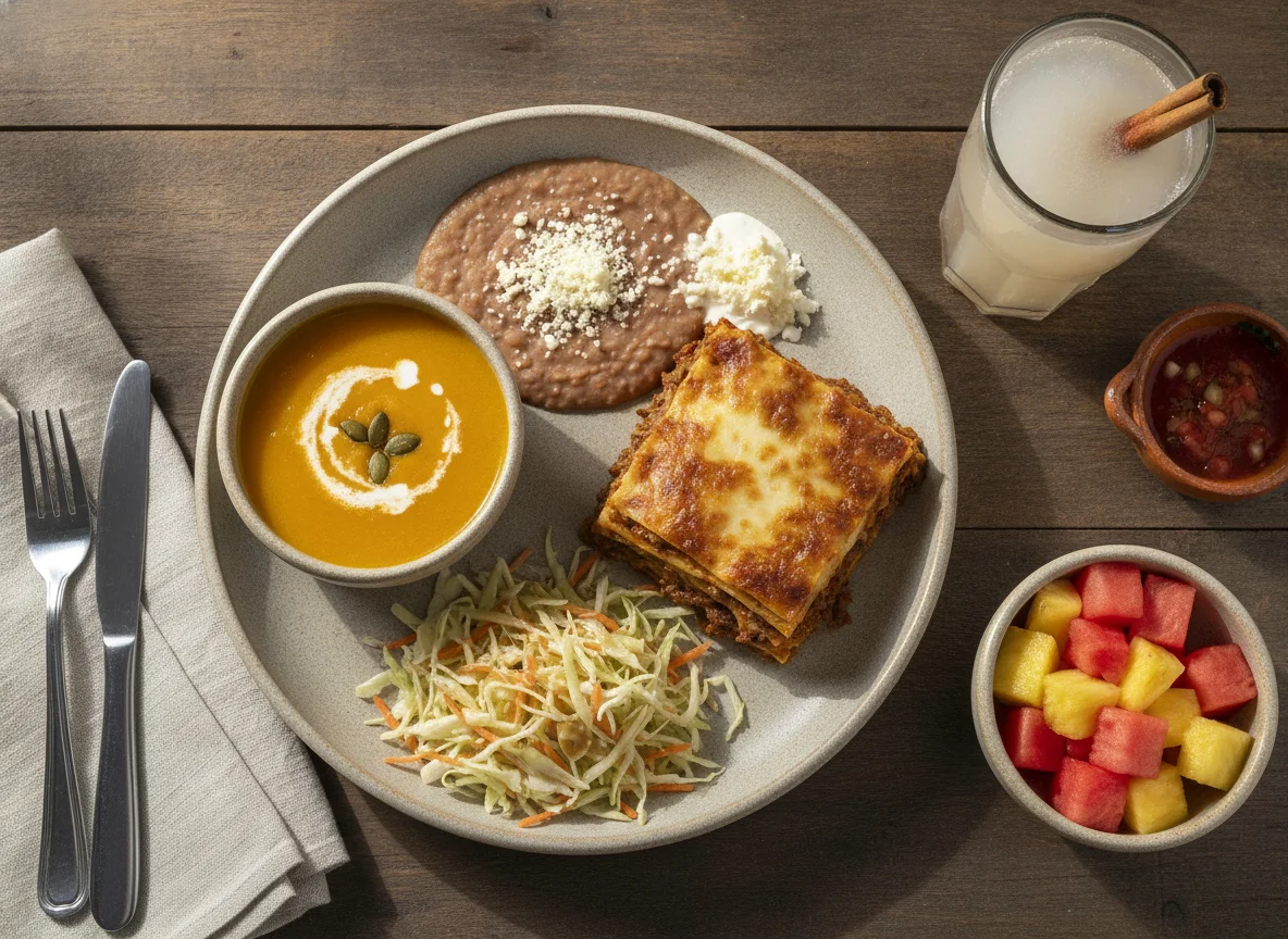 Comida corrida mexicana con crema de calabaza photo