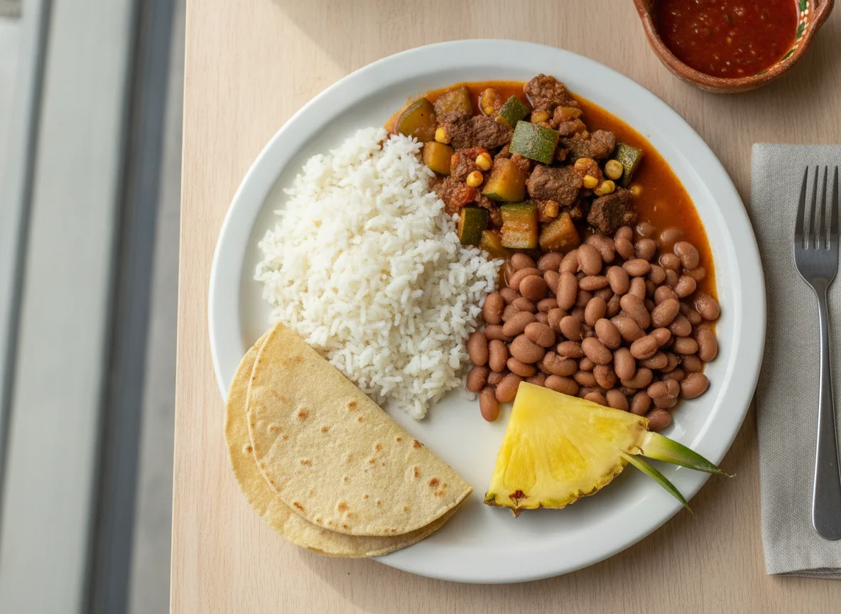 Comida corrida mexicana con guisado, arroz, frijoles y piña photo