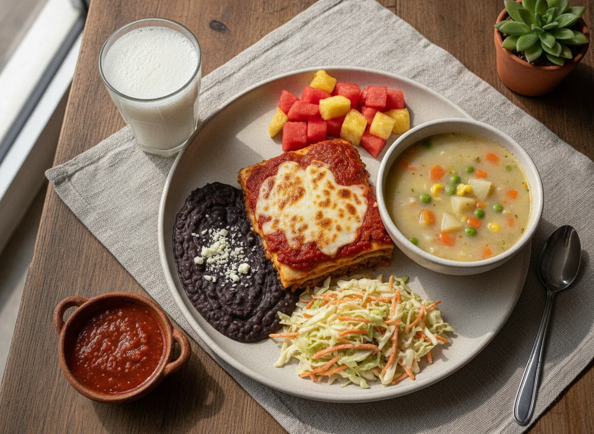 Comida corrida mexicana con lasaña y sopa de verduras photo