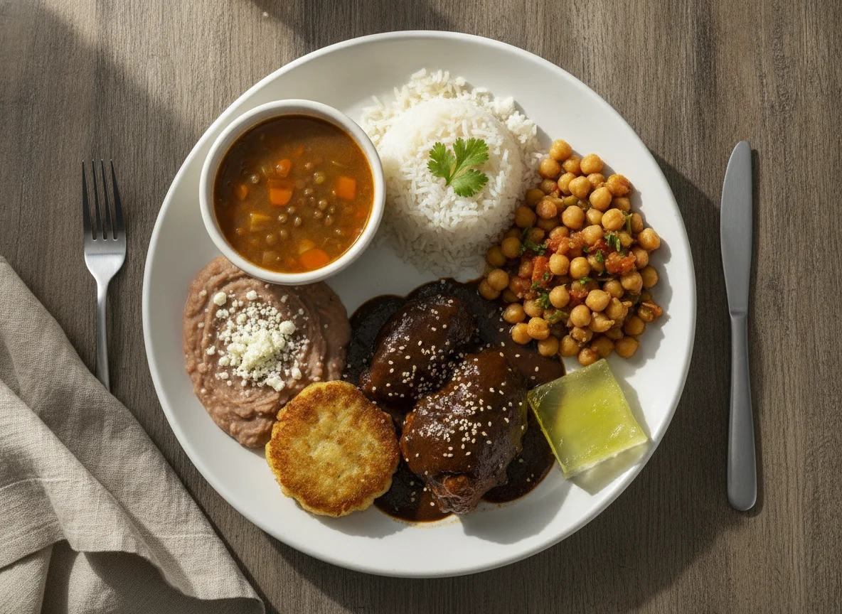 Comida corrida mexicana con lentejas y mole photo