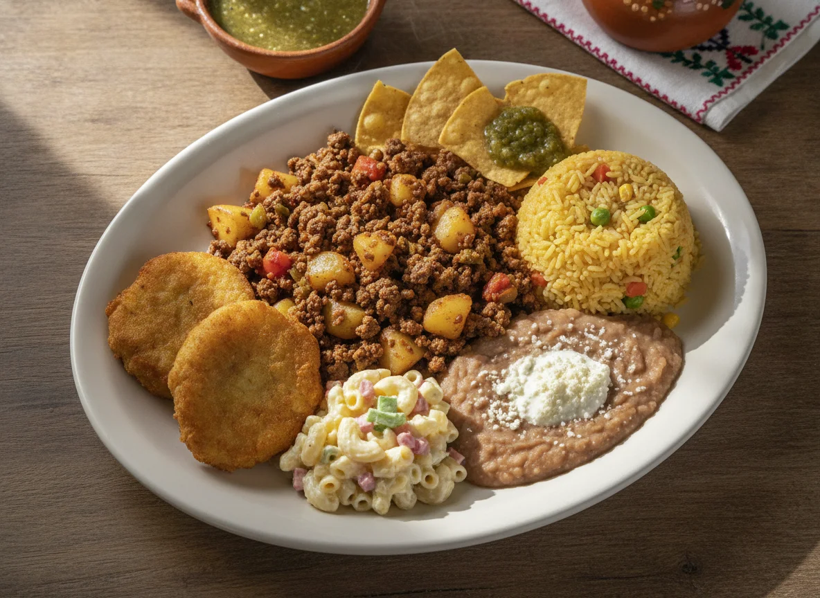Comida corrida mexicana con picadillo y guarniciones photo