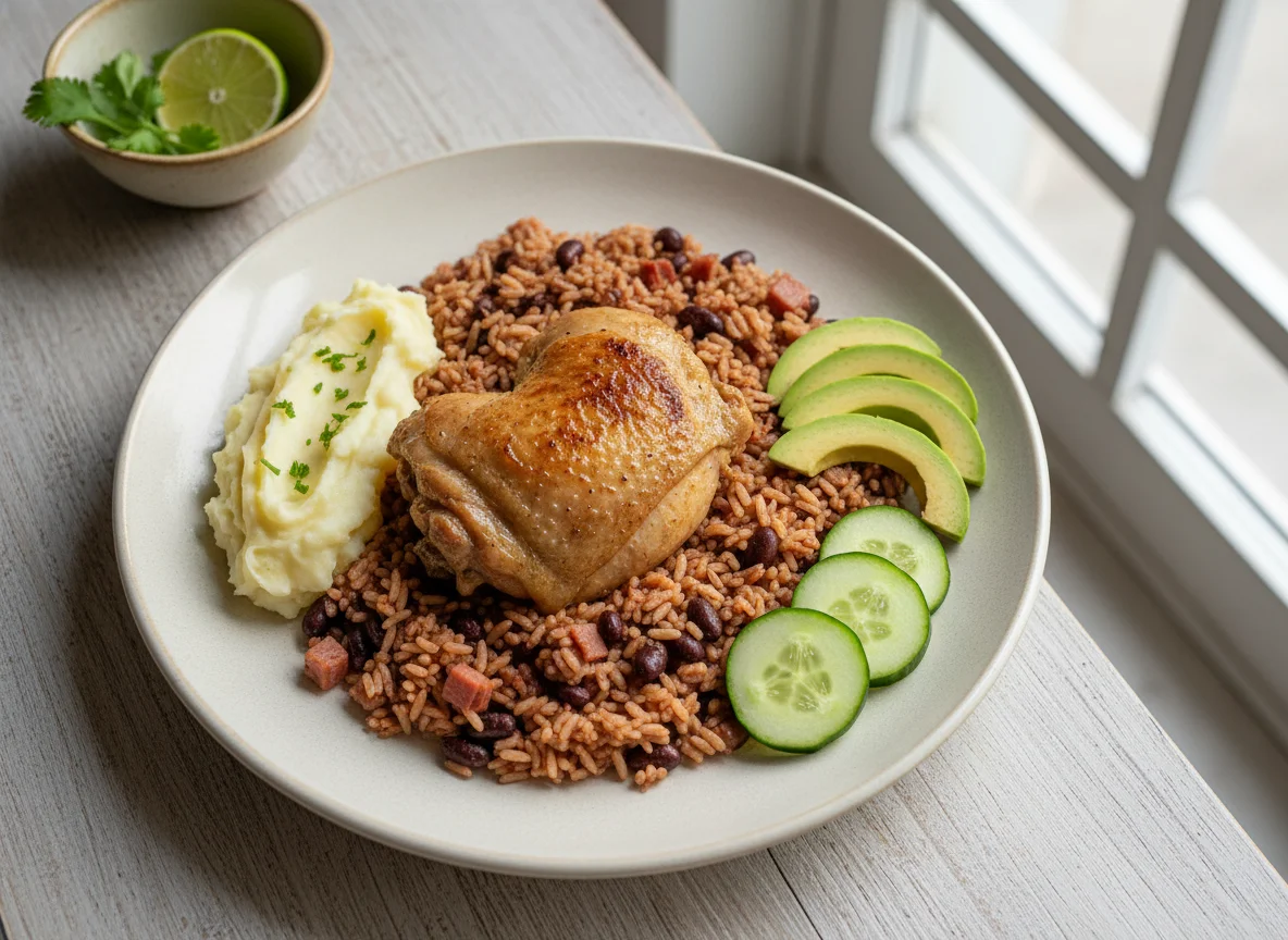 Comida Cubana con Pollo y Arroz Congrí photo