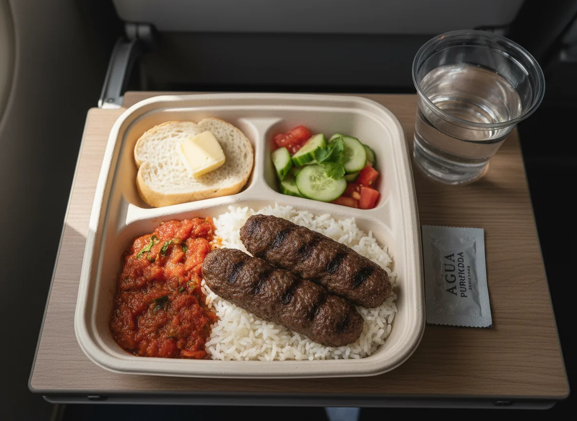 Comida de avión con kofta y arroz photo