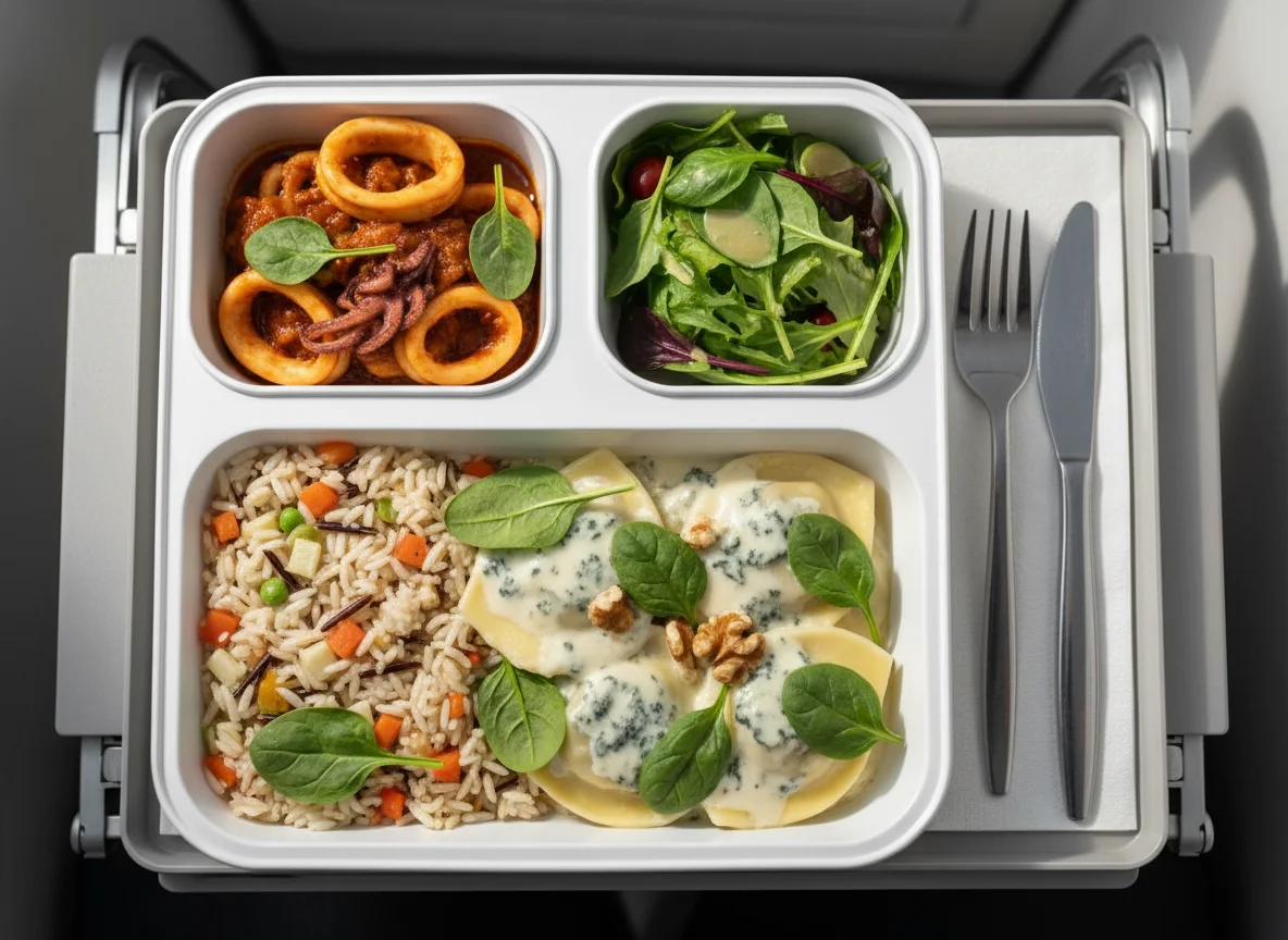 Comida de avión con pasta y arroz photo