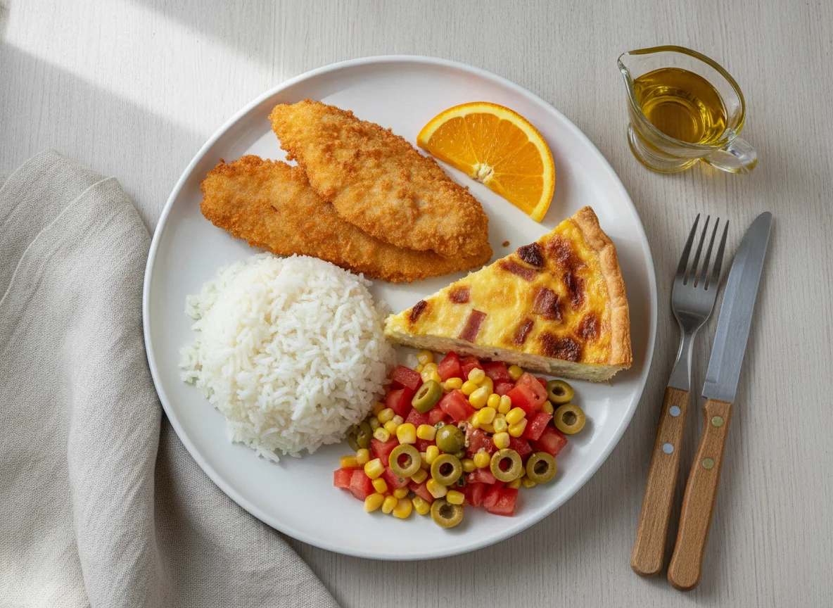 Comida de cafetería francesa con pescado empanado, arroz, ensalada y quiche photo