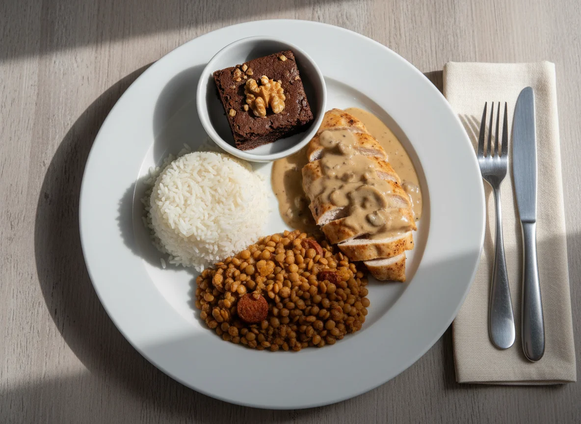 Comida de menú con postre photo