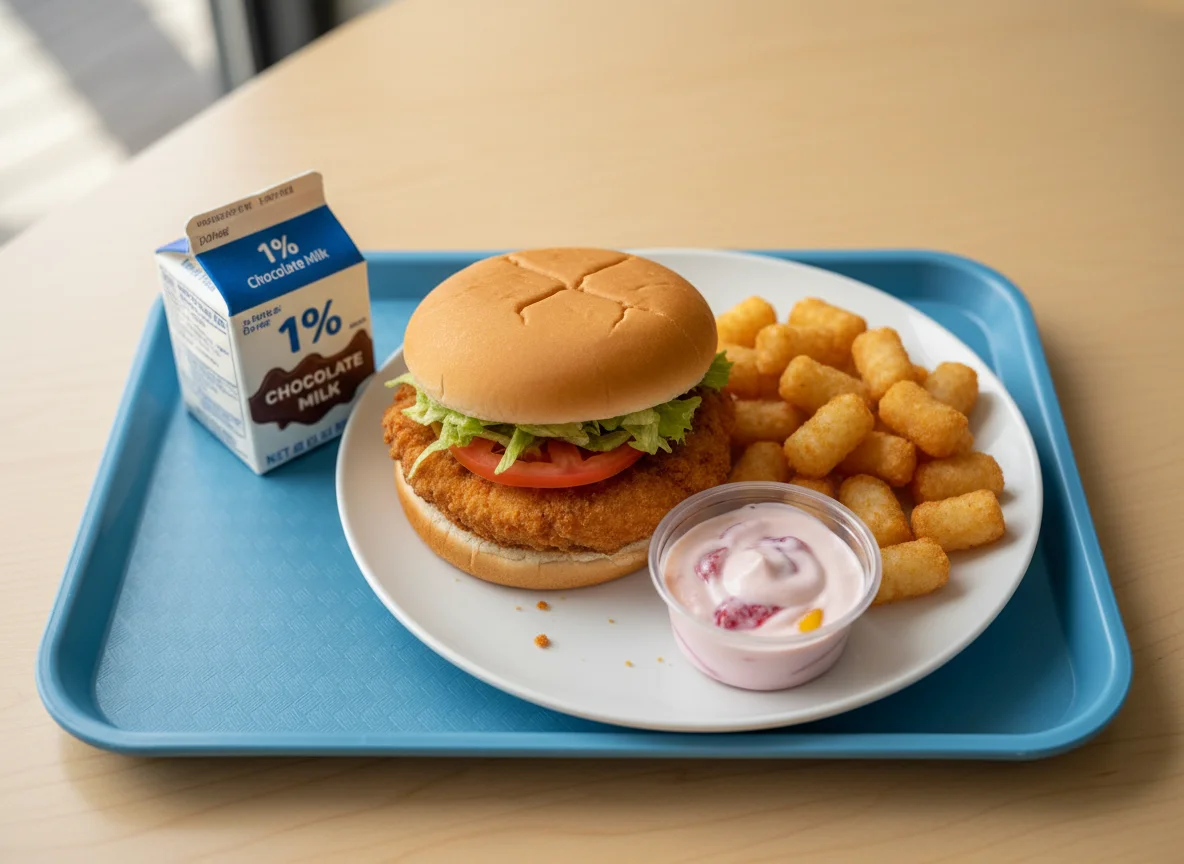 Comida escolar con hamburguesa, tater tots, yogur y leche con chocolate photo