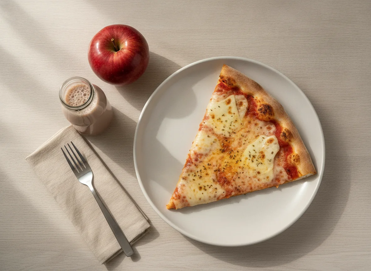 Comida escolar con pizza, leche y manzana photo