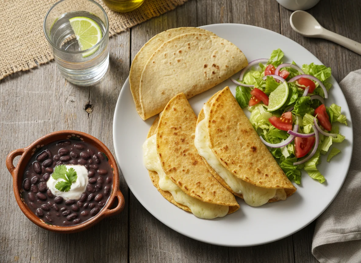 Comida mexicana casera con frijoles, tortillas con queso y ensalada photo