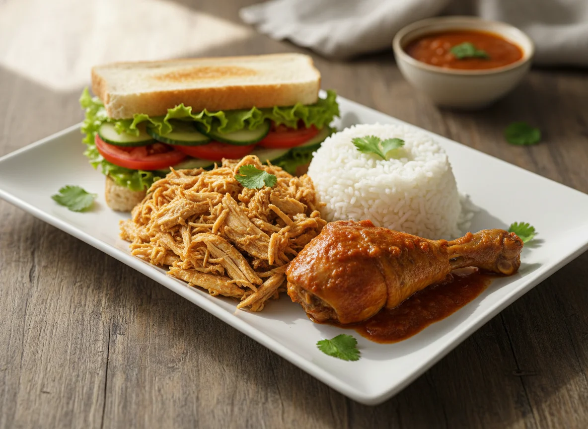 Comida mixta con sándwich de pollo y arroz con pollo guisado photo