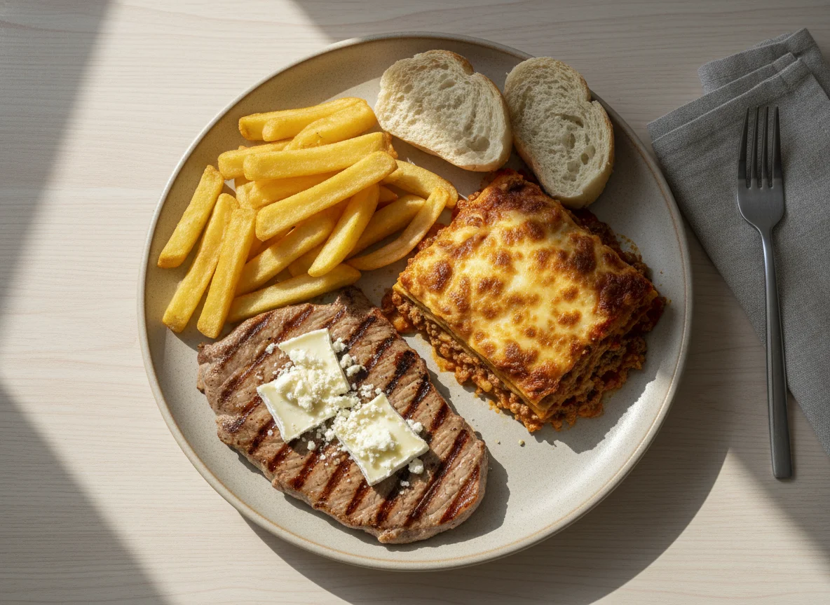 Comida para llevar con carne, patatas fritas, queso de cabra, lasaña y pan photo