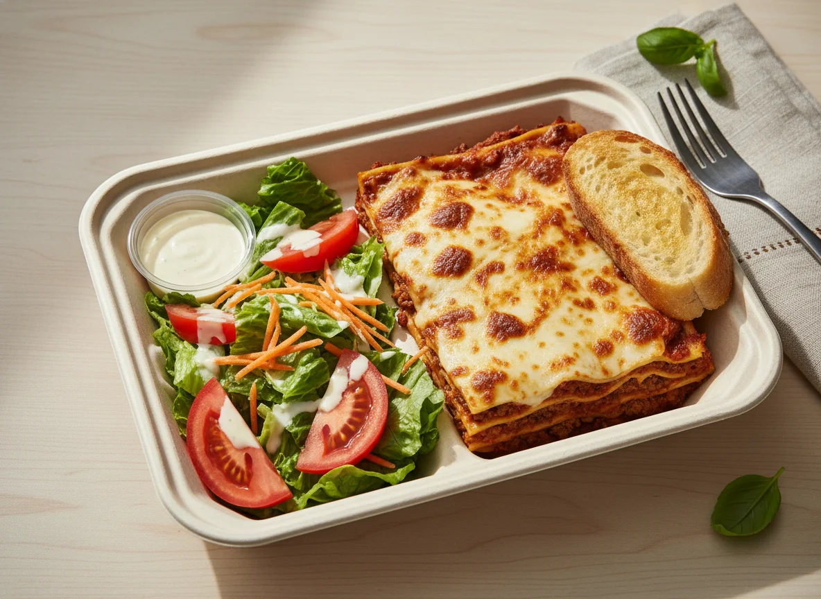 Comida para llevar con ensalada y plato principal photo