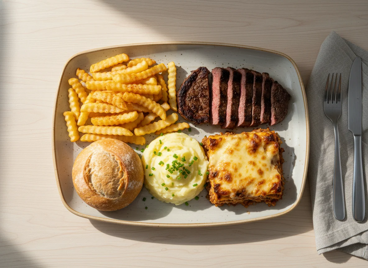 Comida para llevar con patatas fritas, carne, puré de patatas, lasaña y pan photo