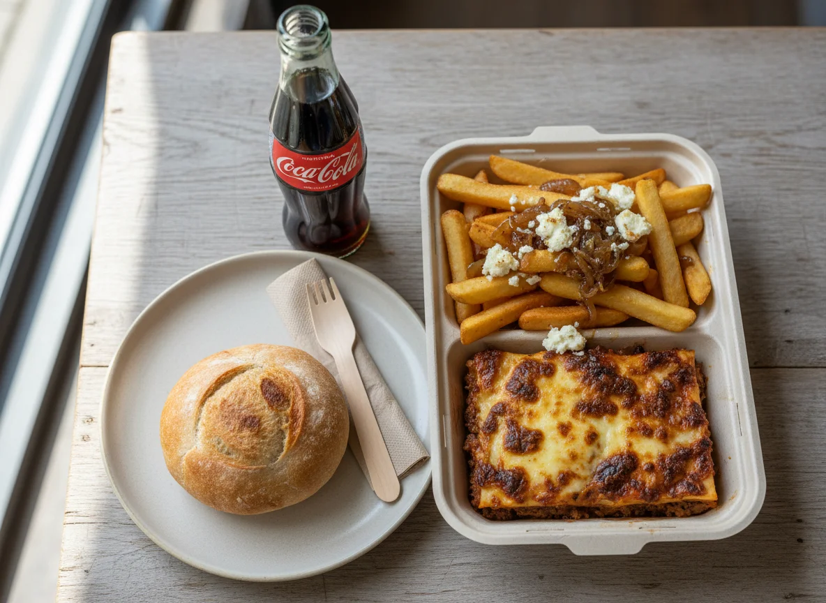Comida para llevar con patatas fritas, queso de cabra, lasaña y pan photo
