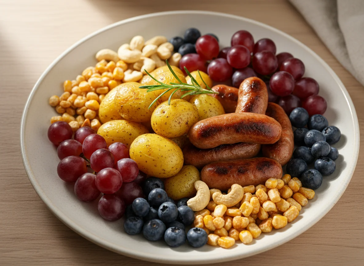 Comida para llevar con patatas, salchichas, frutos secos y fruta photo