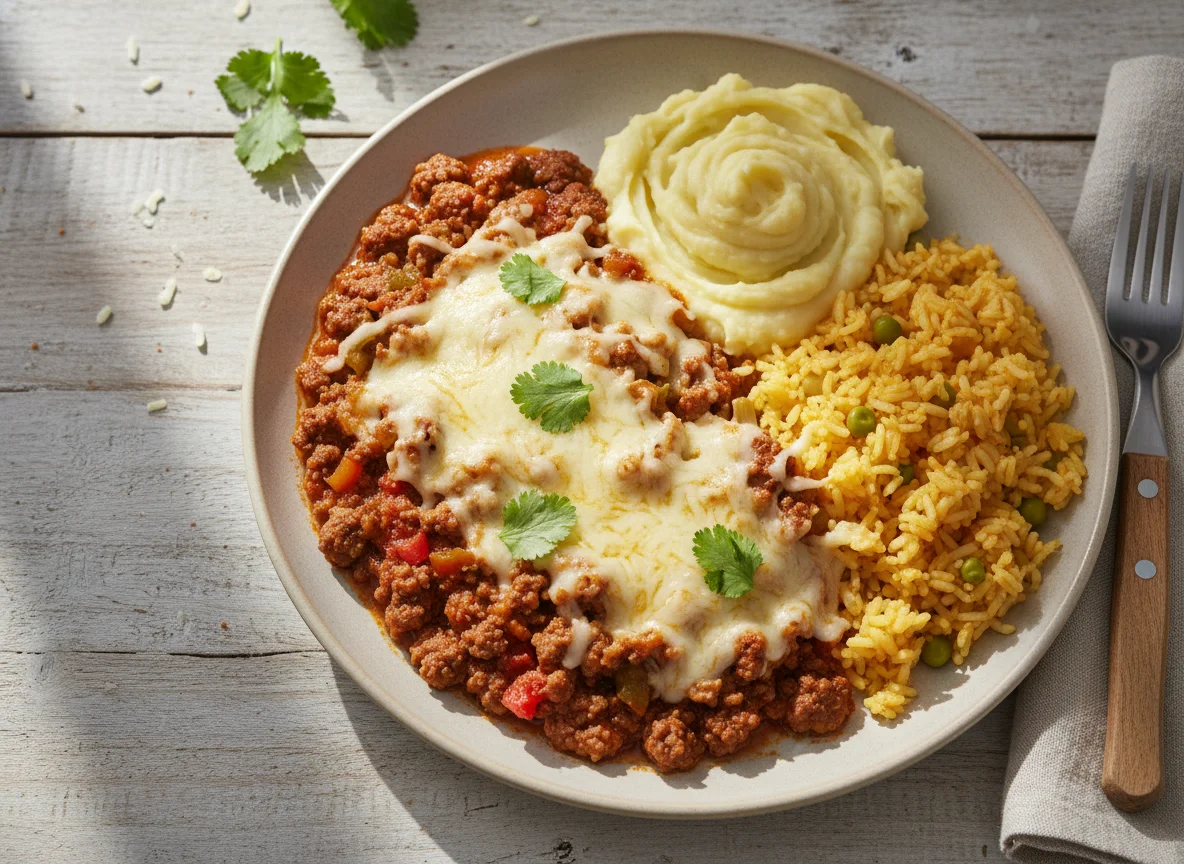 Comida preparada con carne molida, puré de patatas, arroz y queso photo