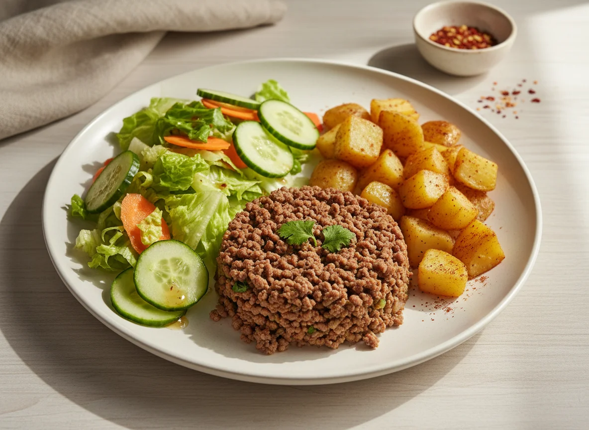 Comida preparada con carne molida y ensalada photo