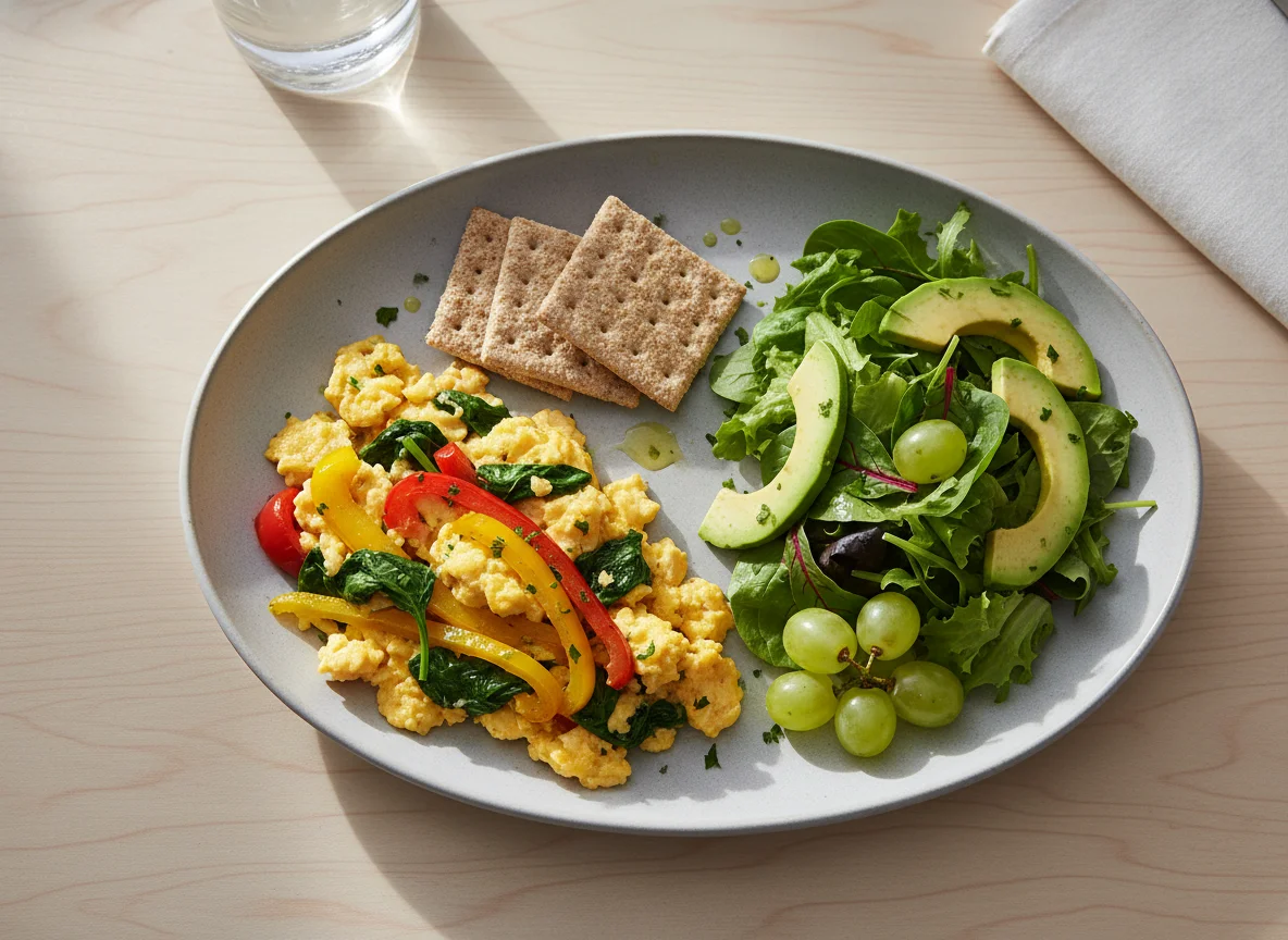 Comida preparada con huevos revueltos, galletas saladas, ensalada y uvas photo