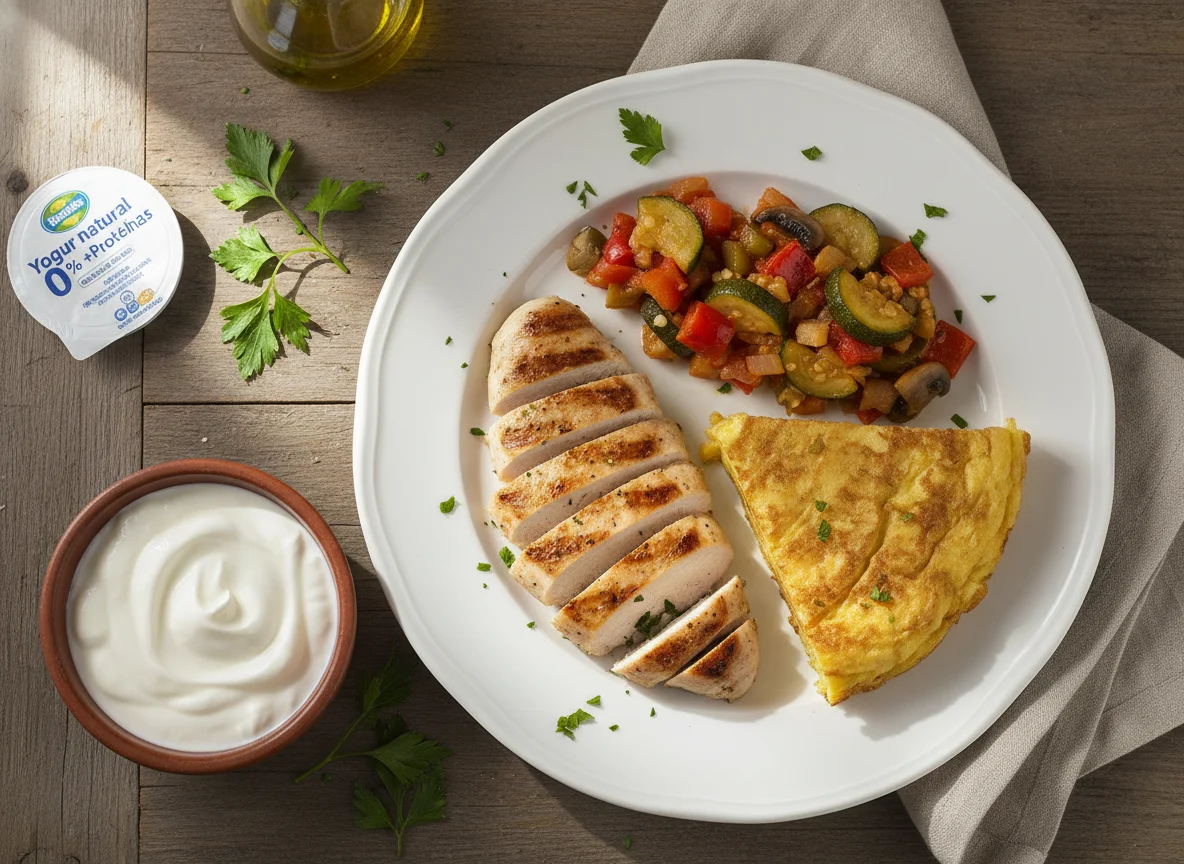 Comida preparada con pollo, verduras y tortilla, con yogur de proteínas photo
