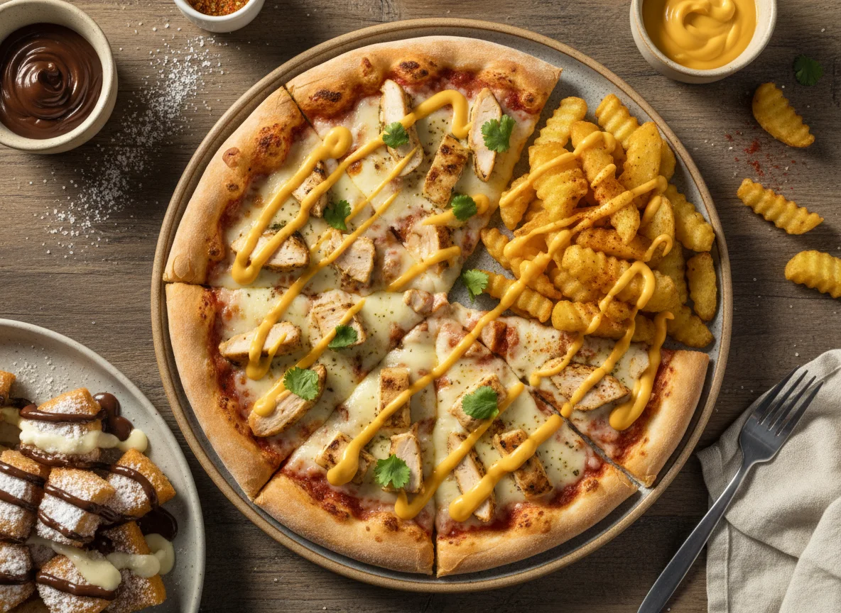 Comida rápida variada (pizza, papas y postre) photo