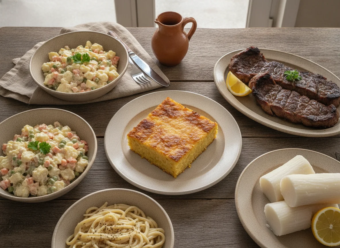Comida típica paraguaya con sopa paraguaya, ensalada de papa y carne asada photo