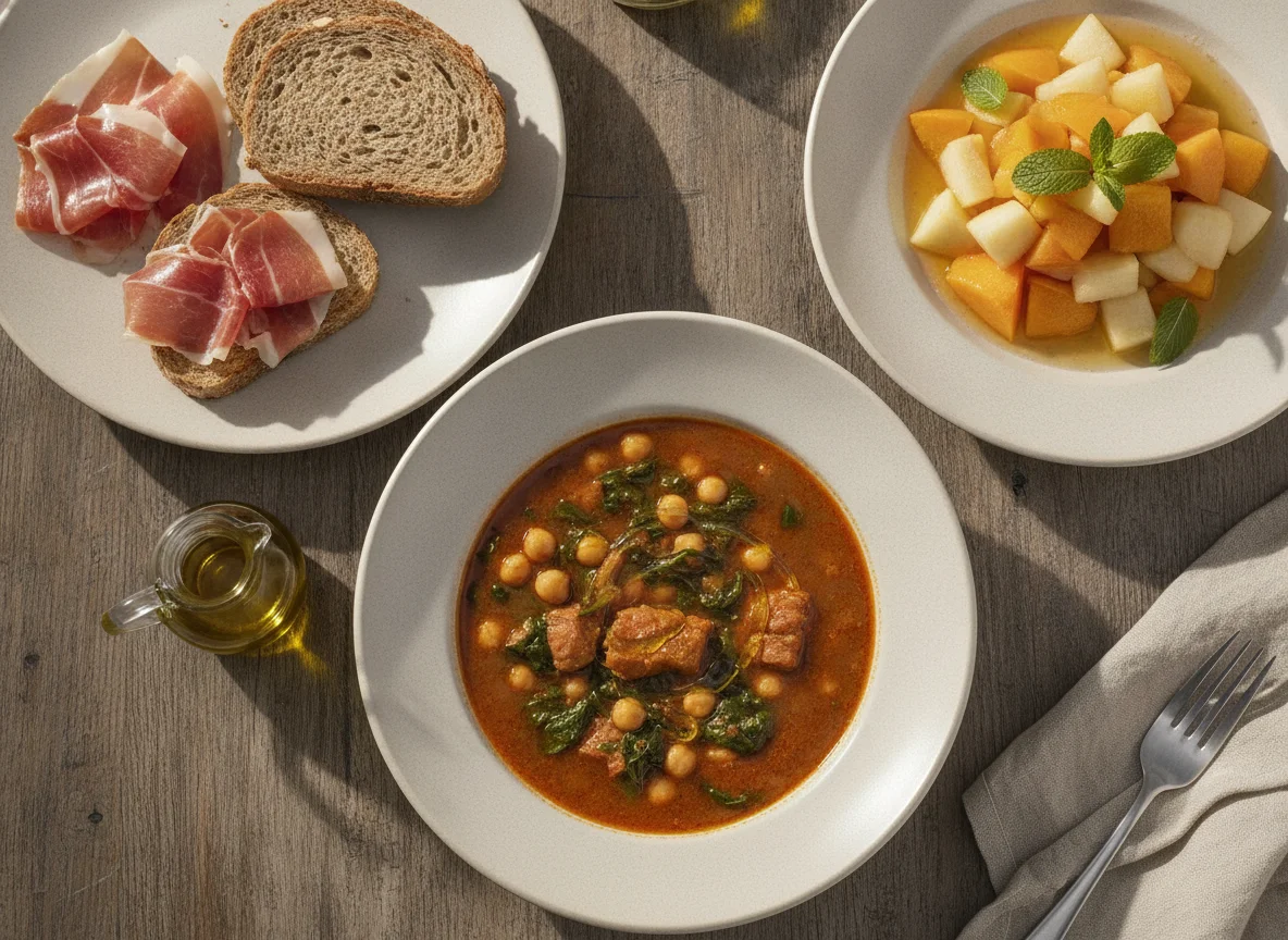 Comida tradicional española con jamón, potaje y macedonia photo