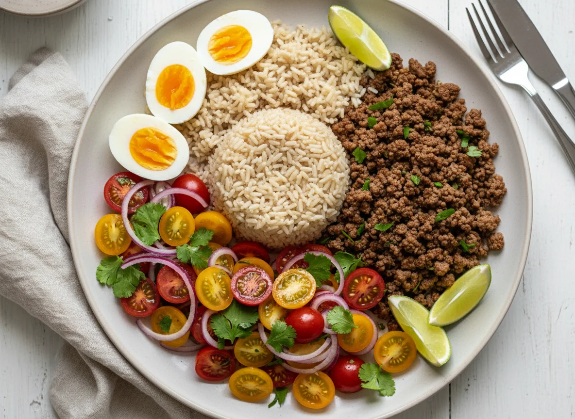 Comida variada con arroz, huevos, carne y ensalada de tomate photo