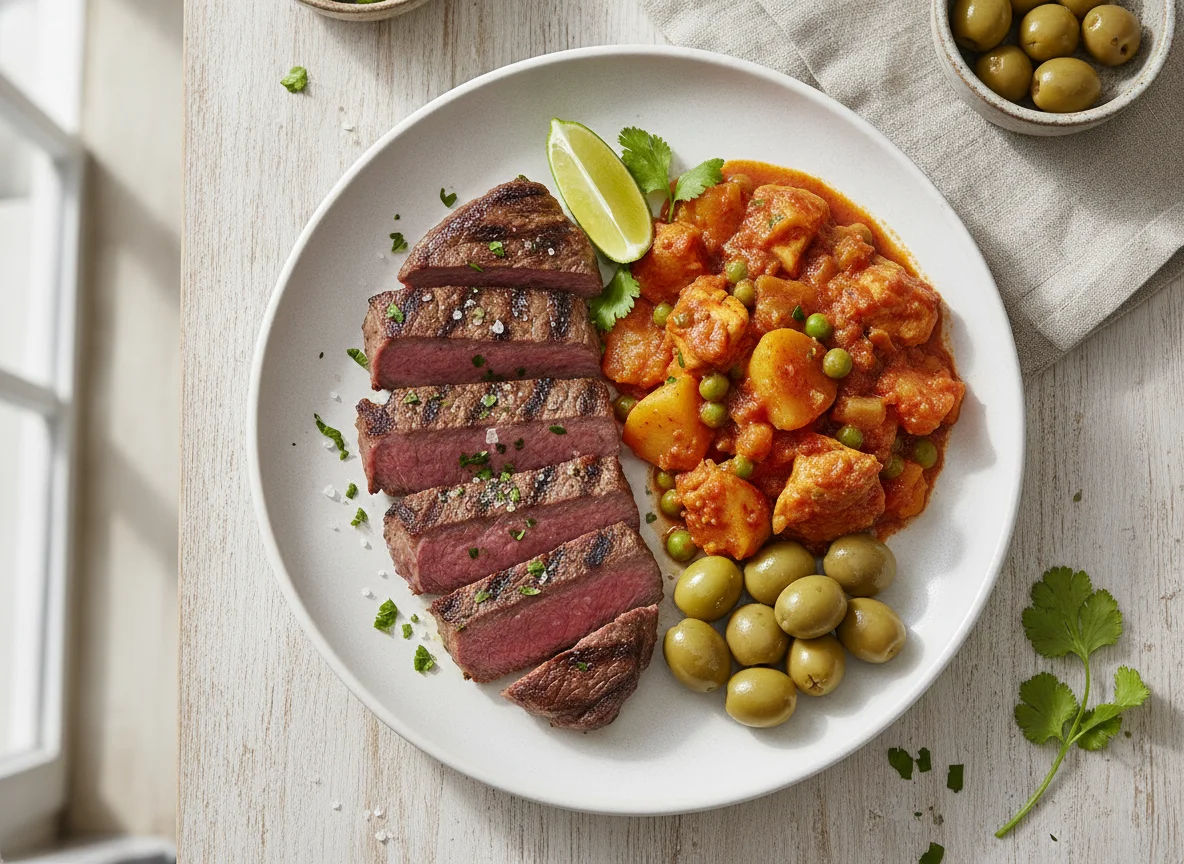 Comida variada con carne, aceitunas y guiso photo