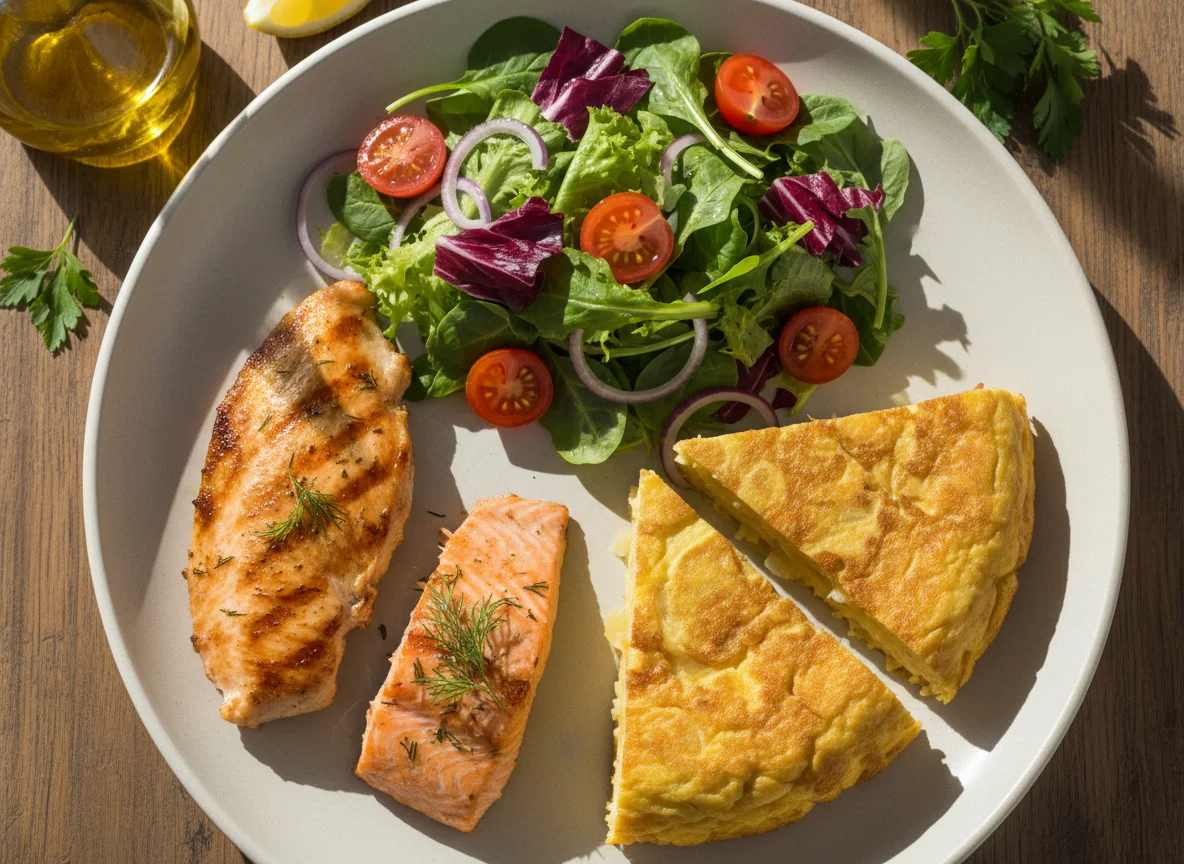 Comida variada con ensalada, pollo, salmón y tortilla photo