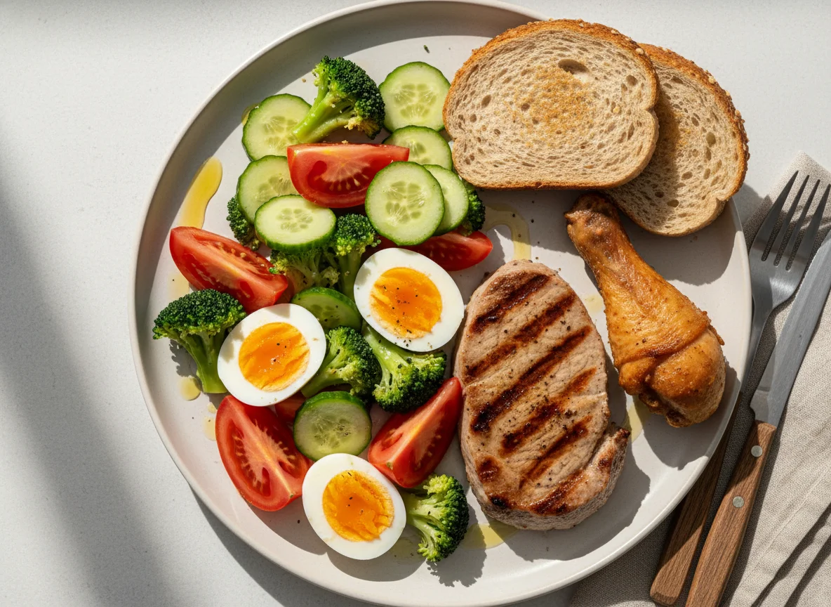 Comida variada con ensalada y carne photo