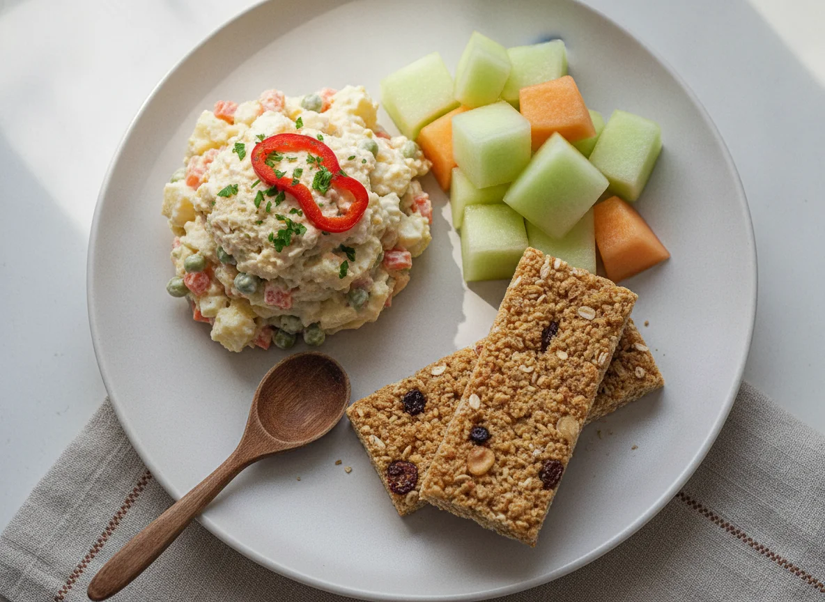 Comida variada con ensaladilla, melón y barritas de cereales photo